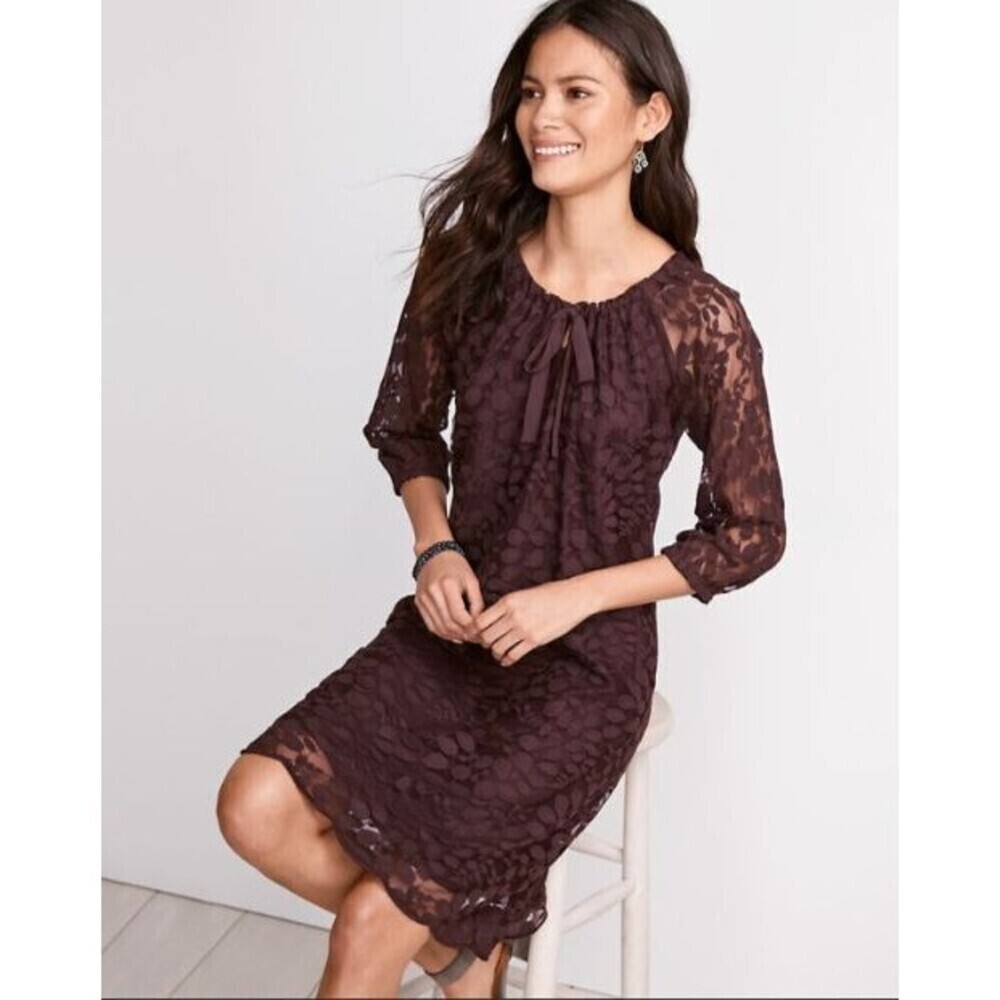 Garnet Hill Dress Women 12 Brown Boheme Easy Lace 3/4 Sleeve Tie Neck Boho